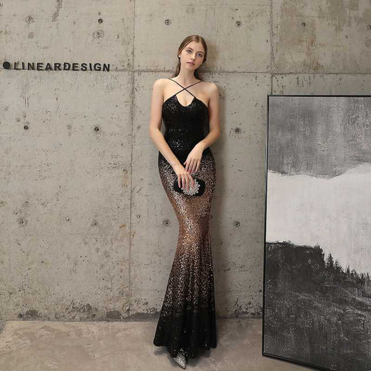 Long Slim Fitting Fishtail Sequin Evening Dress