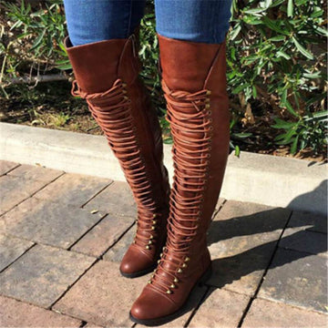 Leather Low Heel Lace Up Over Knee Boots