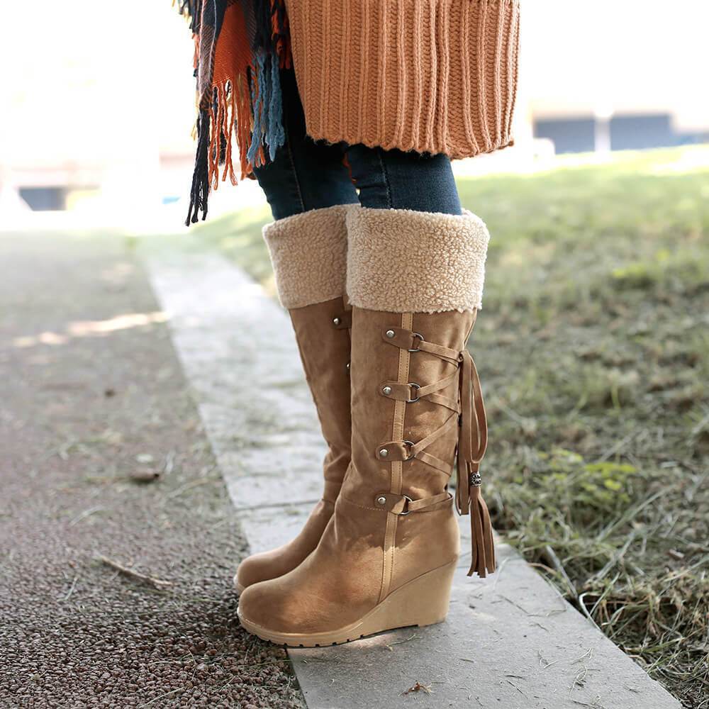 Suede Lace Up Wedge Knee High Boots