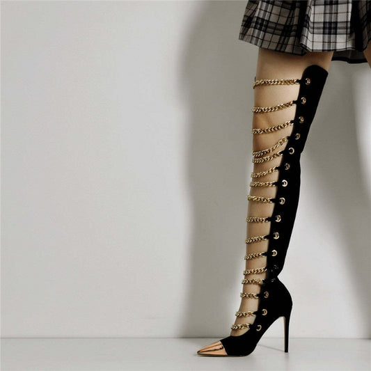 Metal Chain Strapped Pointed High-Cut Velvet Cool Boots