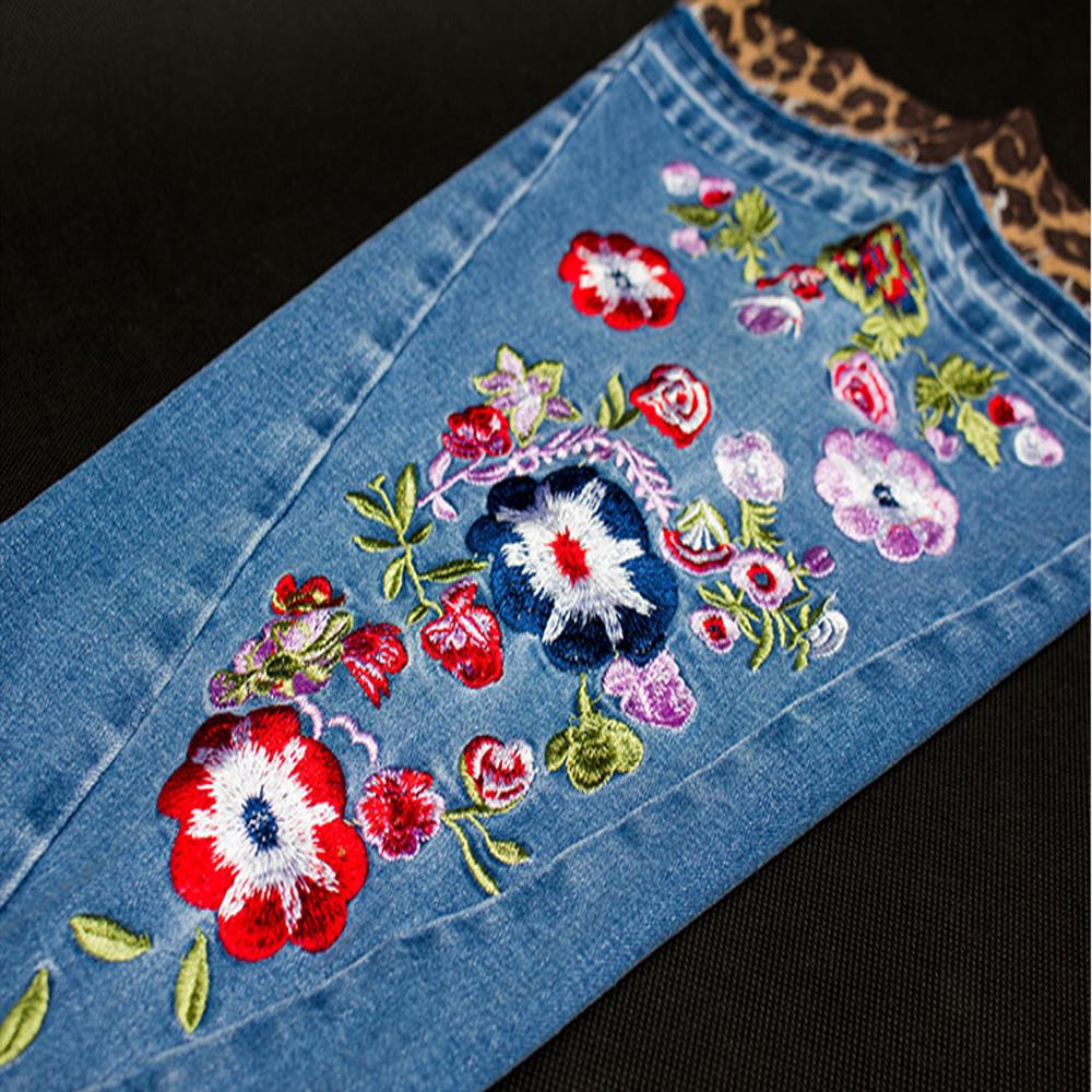 Flare High Waist Embroidery Leopard Patchwork Denim Pants