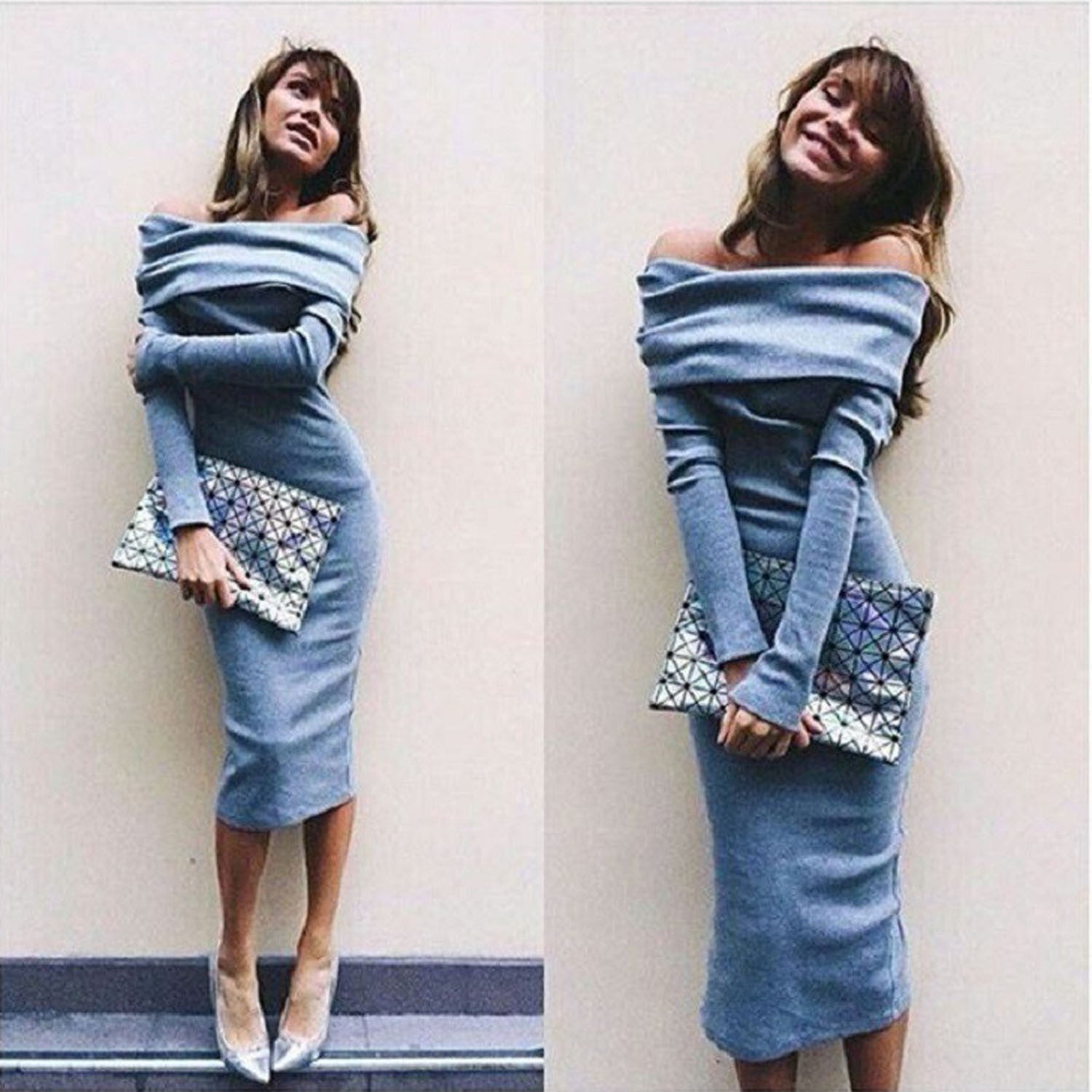 Off Shoulder Long Sleeves Pure Color Knee-length Dress