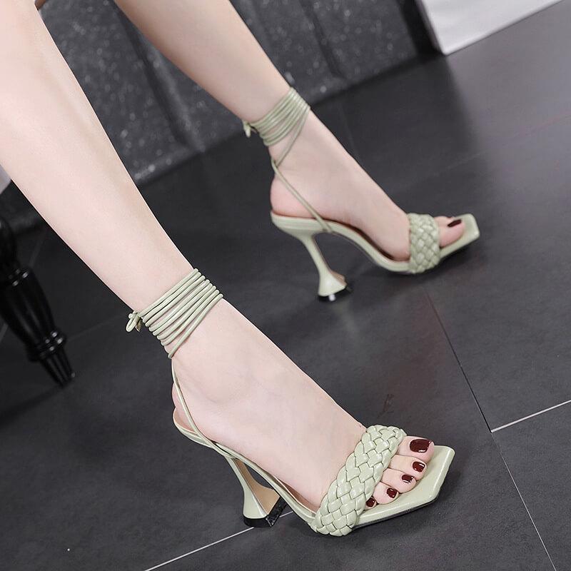 PU Square Toe Ankle Strap High Heel Sandals