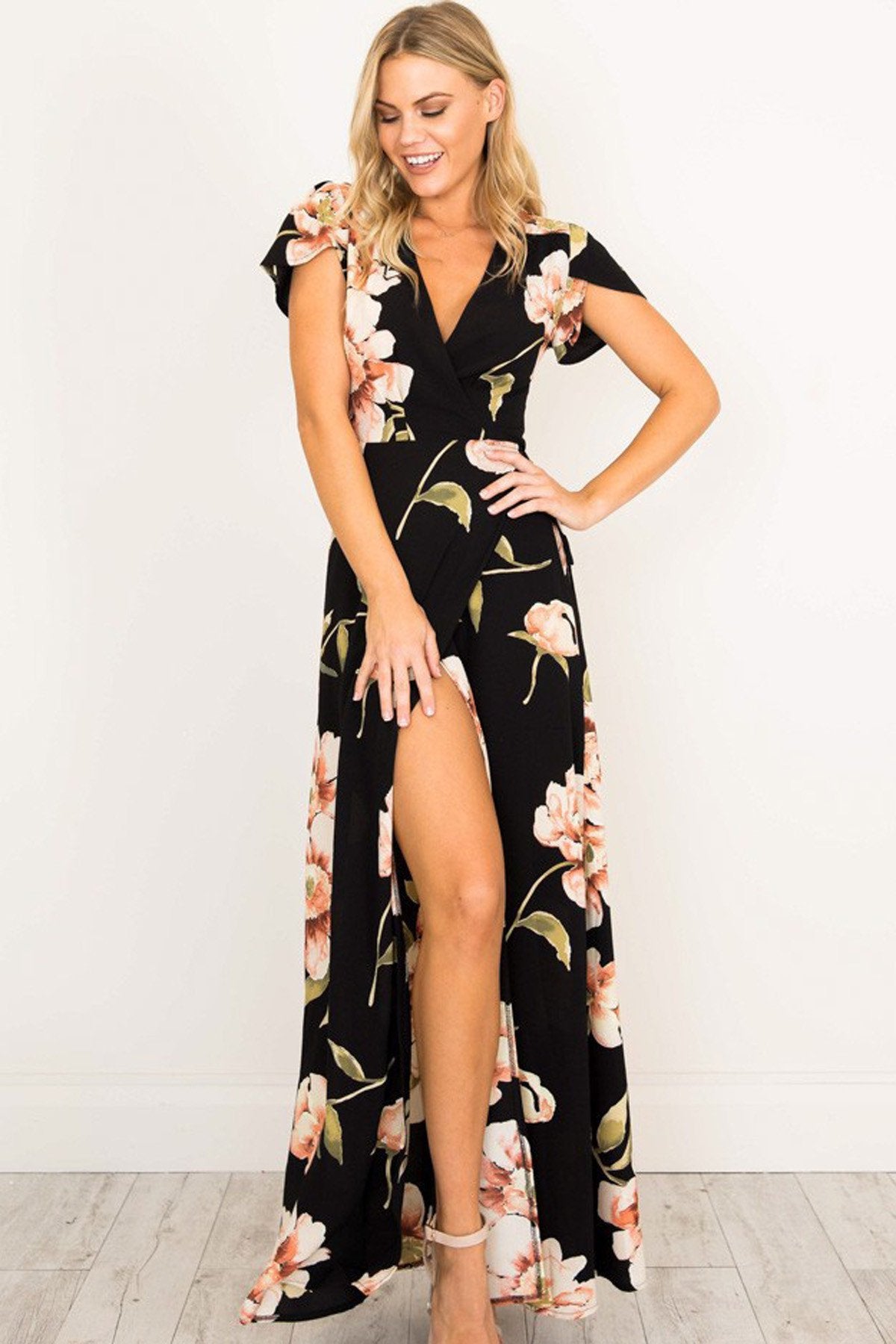 V-neck Flower Print Long Dress