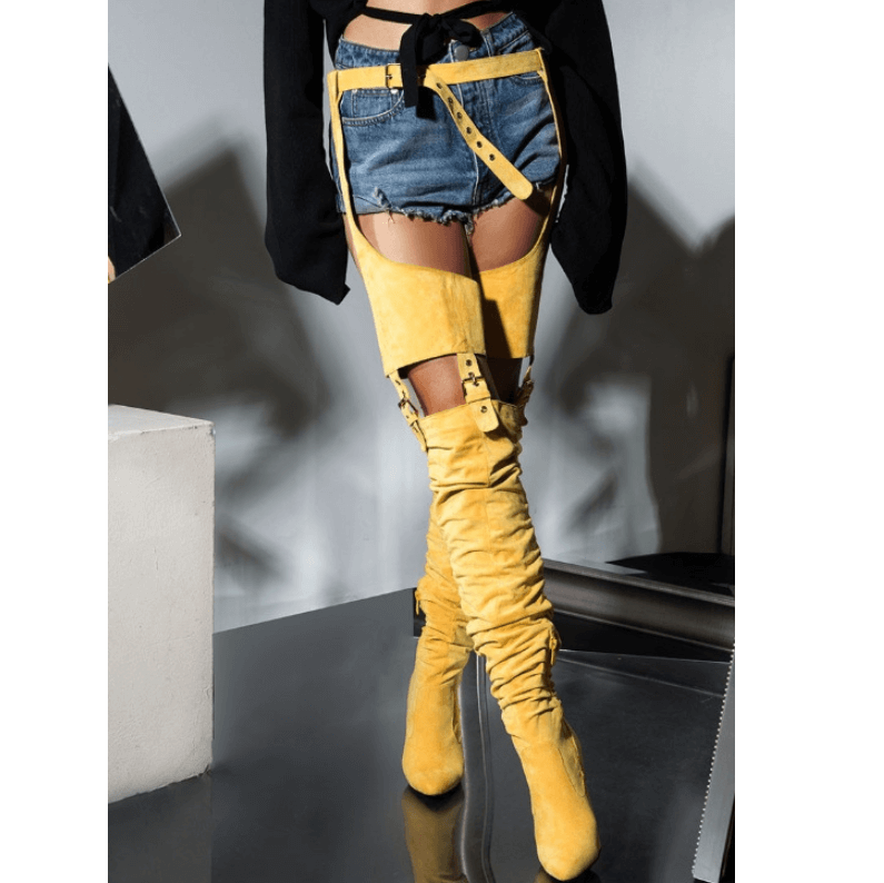 High Heel Buckle Patchwork Thigh High Club Boots