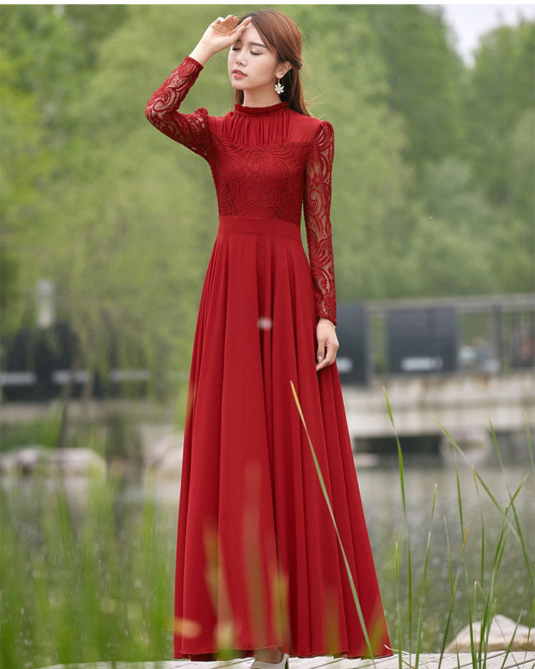 Charming Long Lace Sleeves Pleated Chiffon Long Red Maxi Dress - May Your Fashion - 2