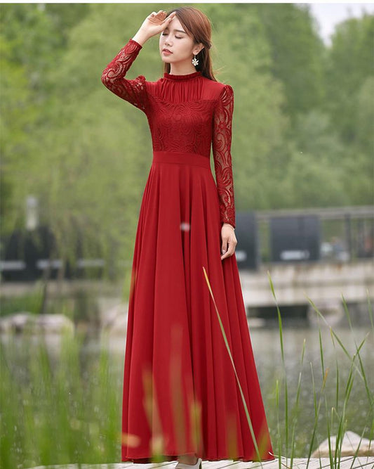 Free Shipping Charming Long Lace Sleeves Pleated Chiffon Long Red Maxi Dress