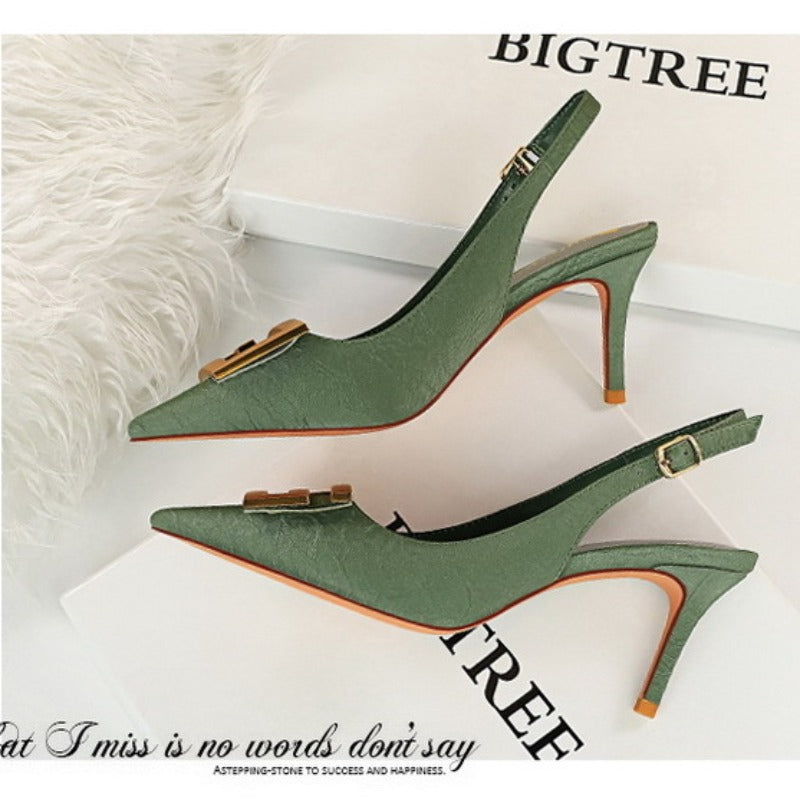 Shallow Pointed-Toe Hollow Out Metal Square Buckle Stiletto Party Shoes