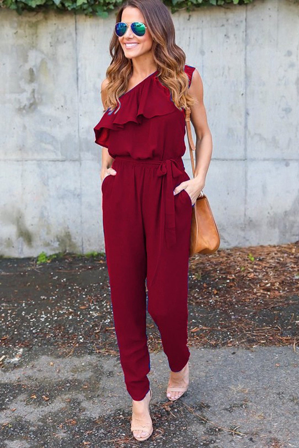 One Shoulder Pure Color Chiffon Long Jumpsuit