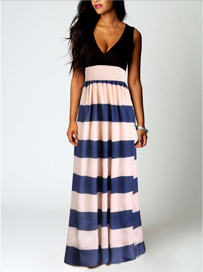 V-neck Splicing Striped Print Long Dress