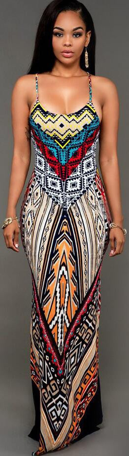 Sexy Spaghetti Strap Print Bodycon Long Dress