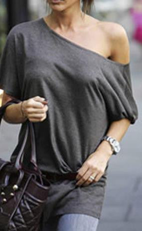 One Shoulder Scoop Pure Color Casual Short Sleeves Long Blouse 