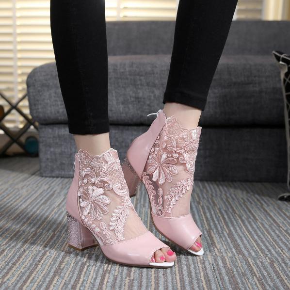Lace Patchwork Peep Toe Low Chunky Heels Short Boot Sandals