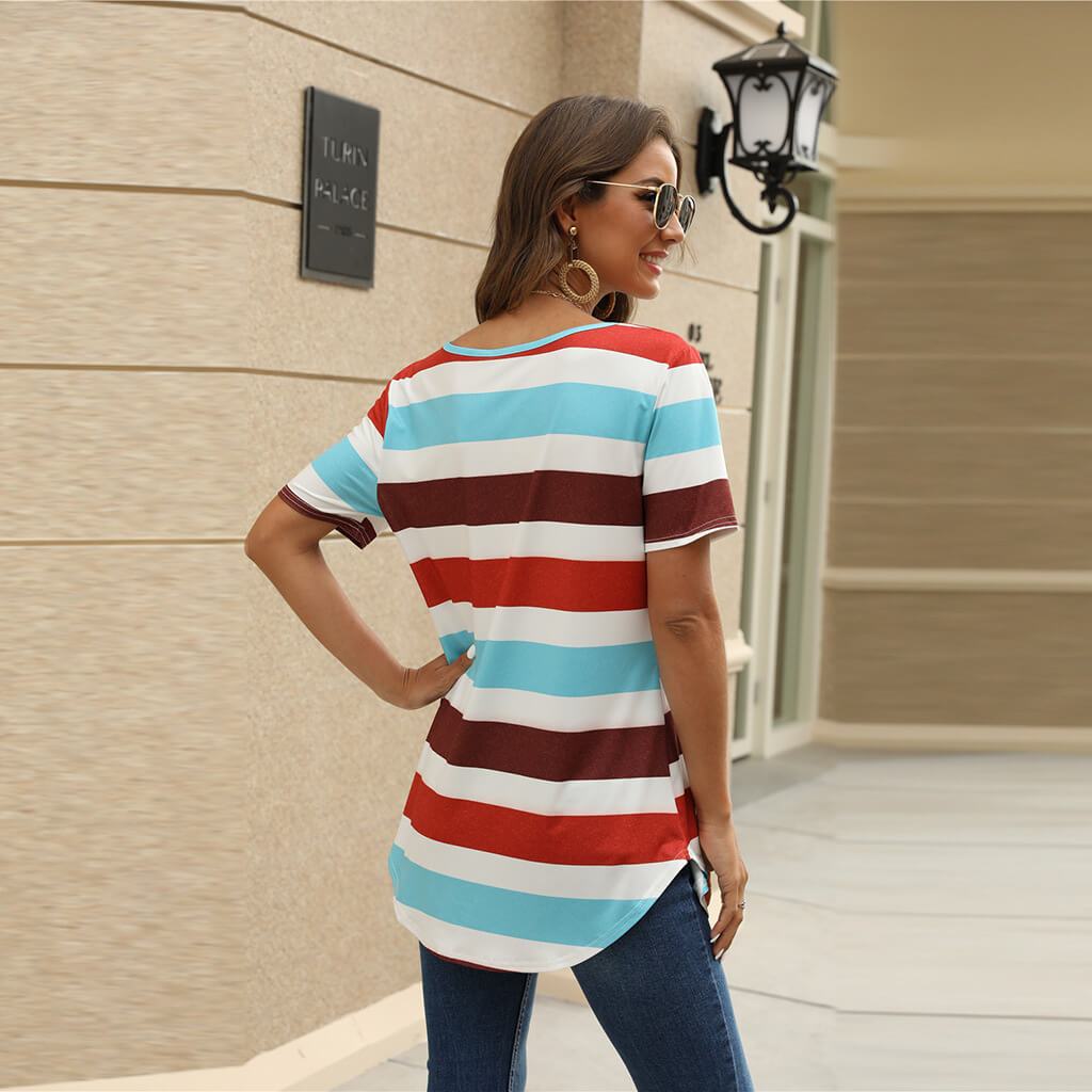Casual Stripes Color Block Loose Short Sleeve T-shirts