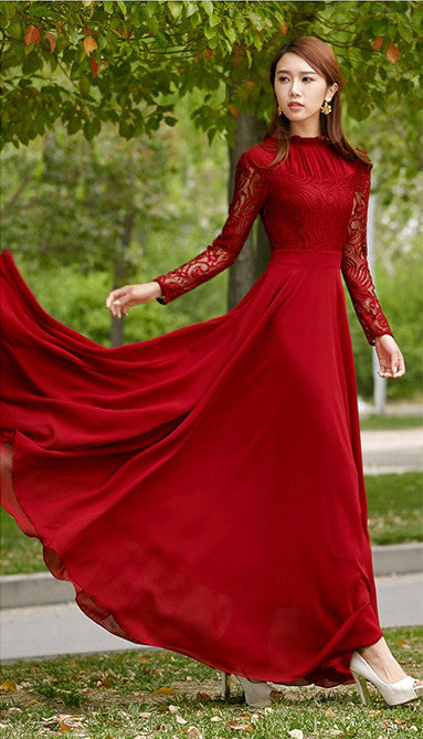 Charming Long Lace Sleeves Pleated Chiffon Long Red Maxi Dress - May Your Fashion - 3
