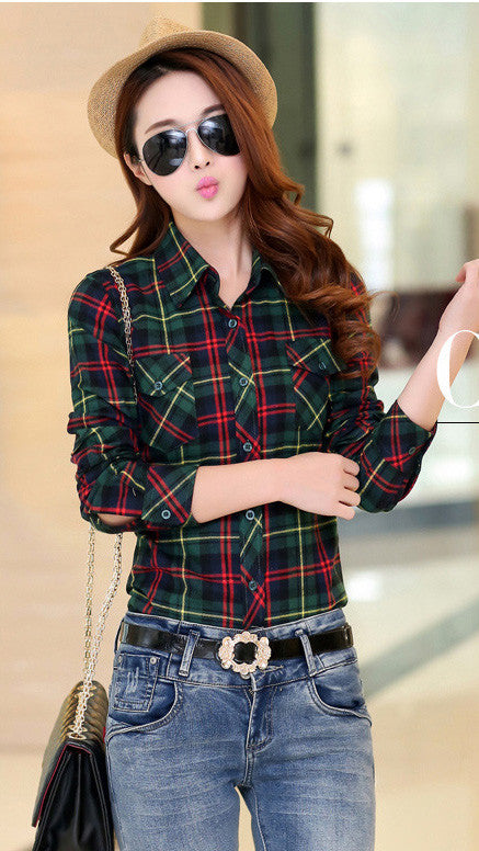 Turn-down Collar Plaid Flower Print Long Sleeves Slim Button Blouse