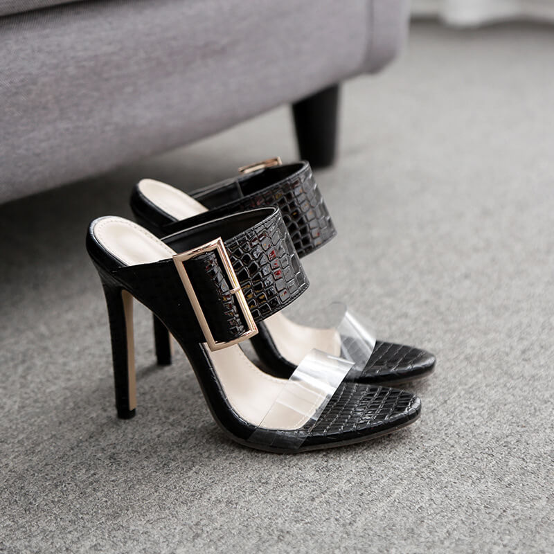 Black Leather High Heel Buckle Mules Sandals