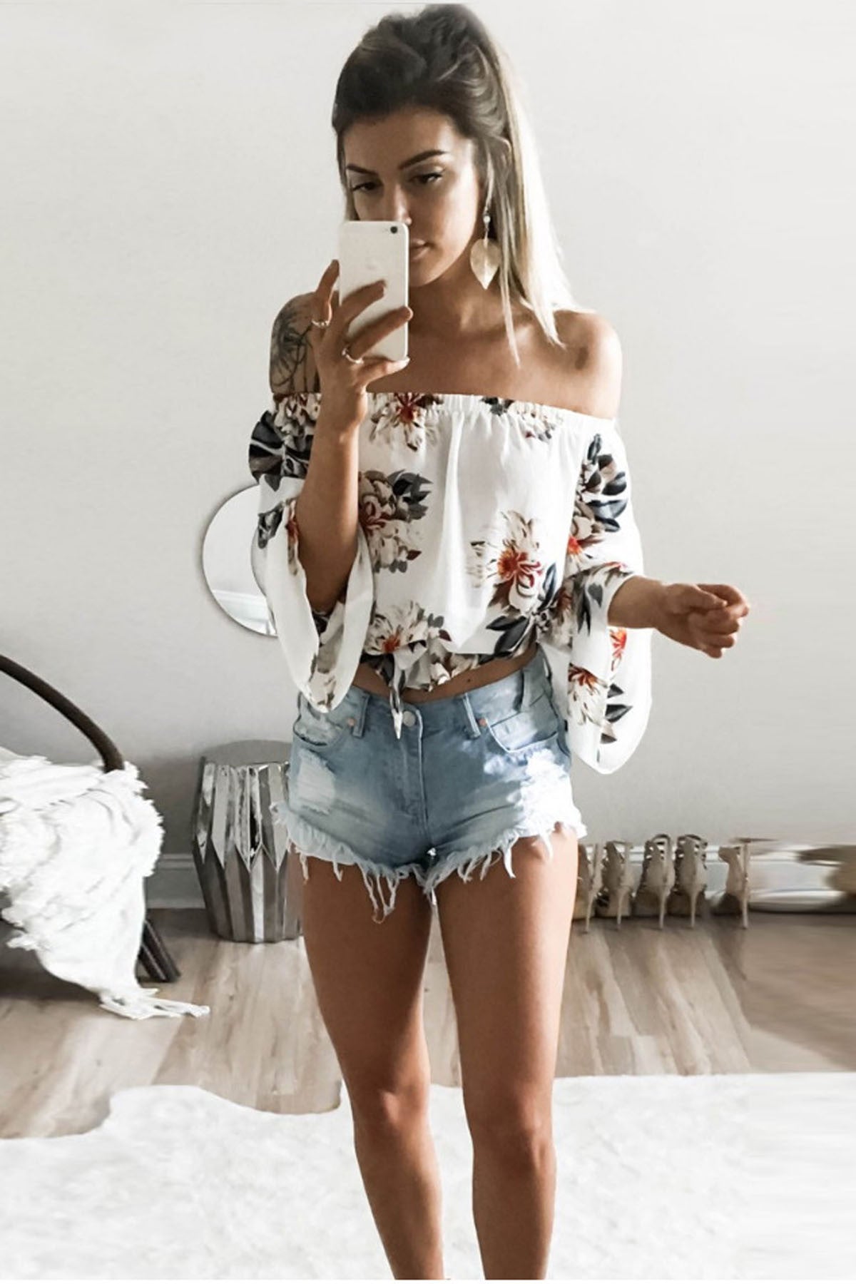 Strapless Print Short Sleeve Loose Blouse