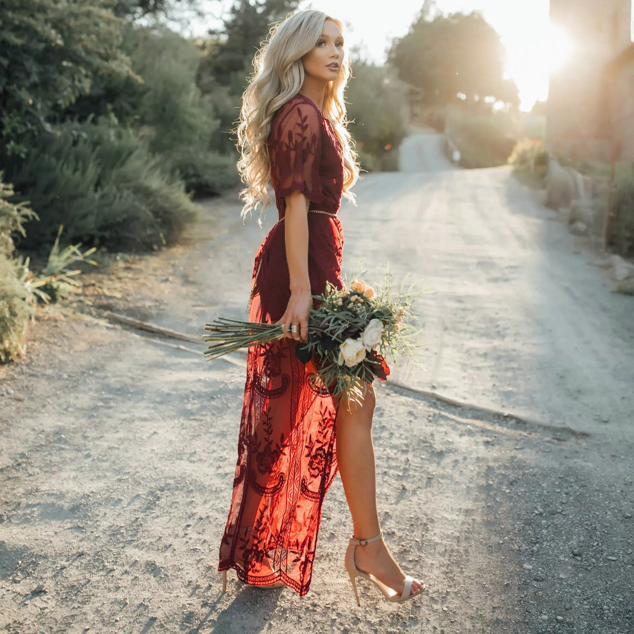 V-neck Irregular Lace Split Long Dress
