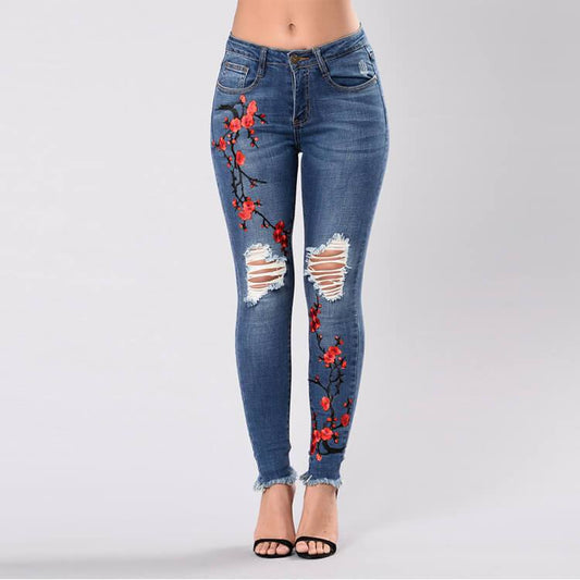 Plus Size Stretch Embroidery Ripped Skinny Denim Pants