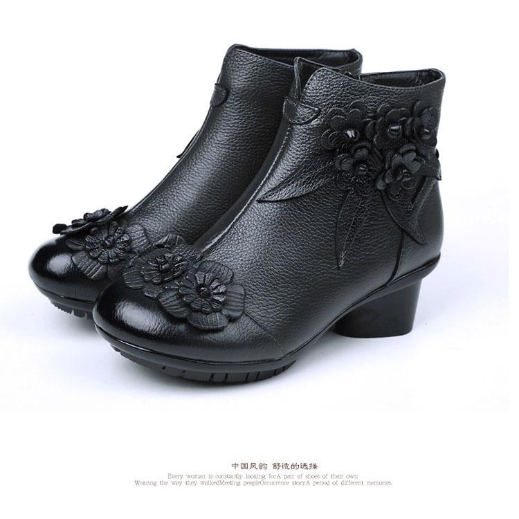 Retro Hand Made Real Leather Low Chunky Heel Ankle Boots