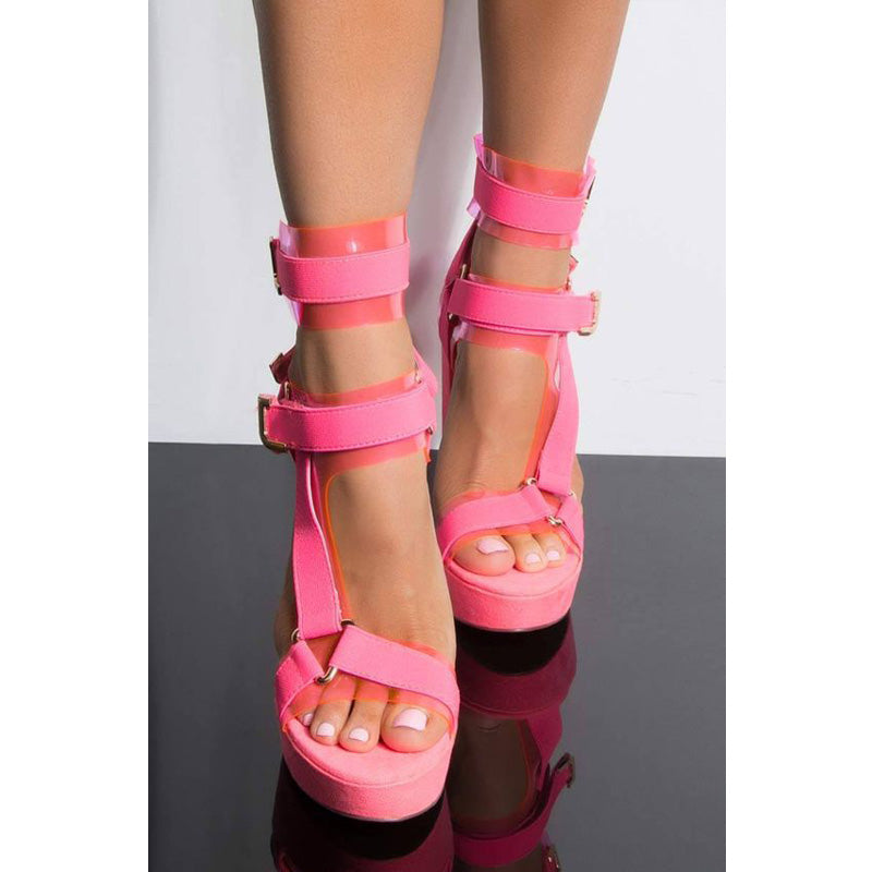 Bright Color Buckle Platform Chunky Heel Sandals