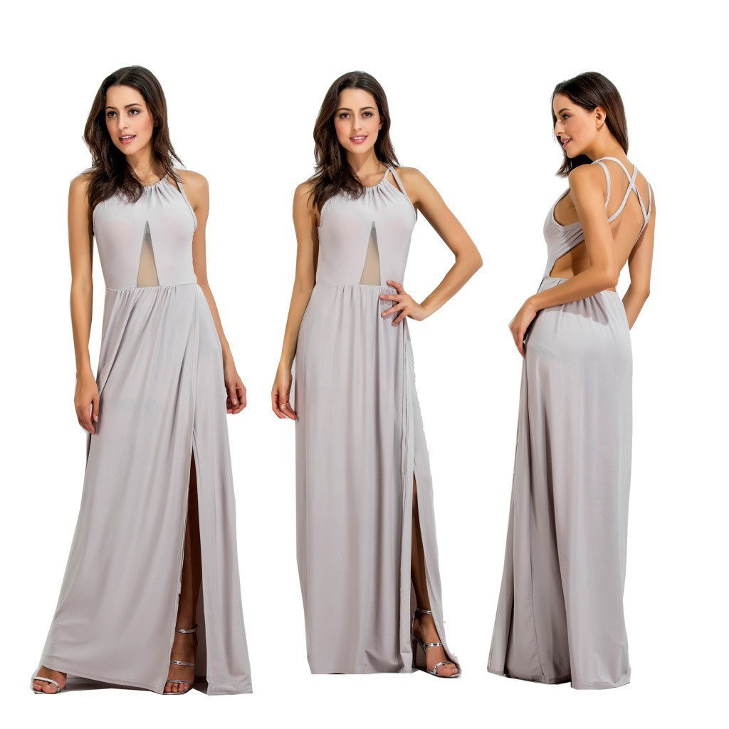 Pure Color Scoop Split Backless Long Party Dress