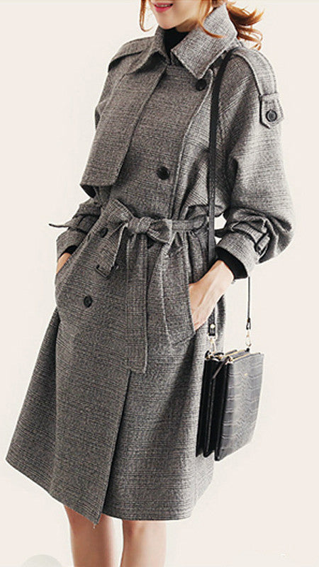 Turn-down Collar Long Sleeves Double Button Long Wool Coat