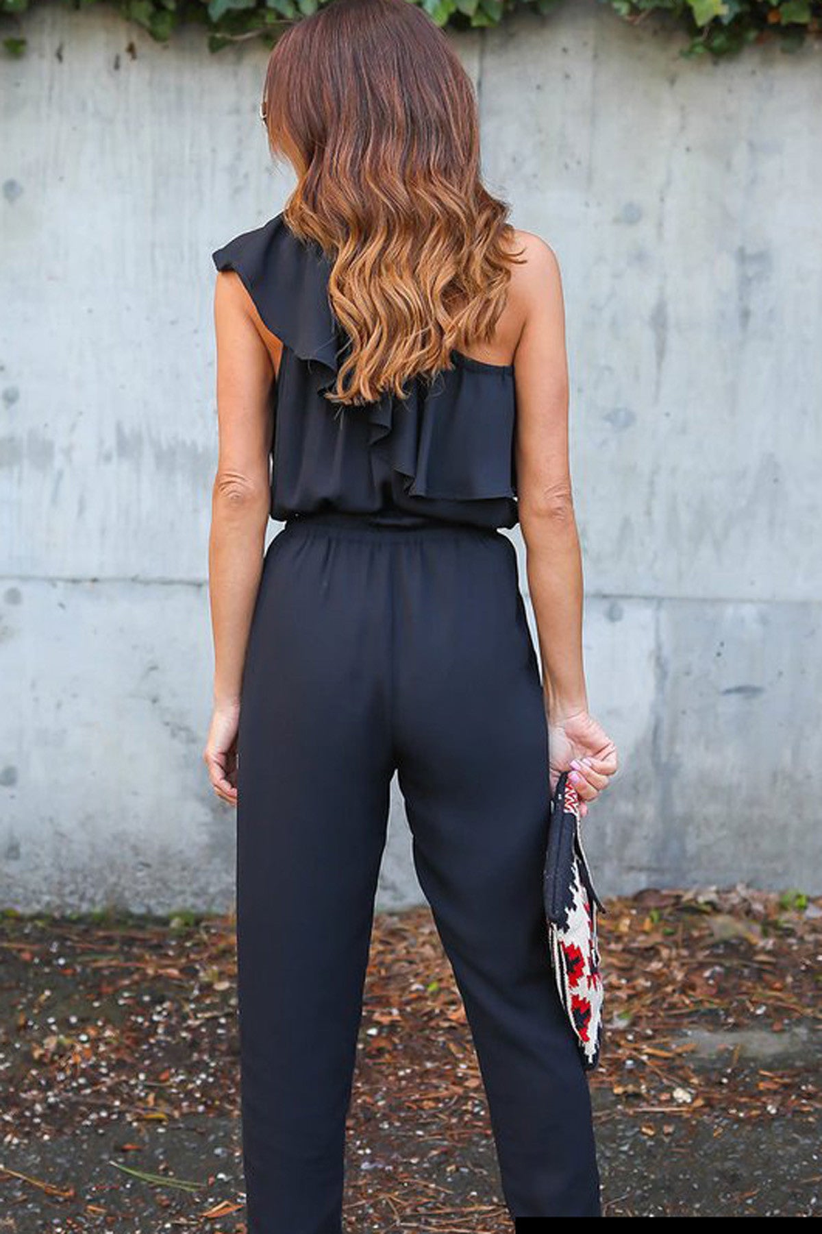 One Shoulder Pure Color Chiffon Long Jumpsuit
