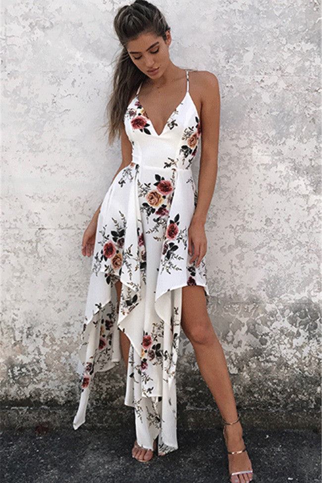 Floral Print Spaghetti Straps Irregular High Waist Bohemian Dress