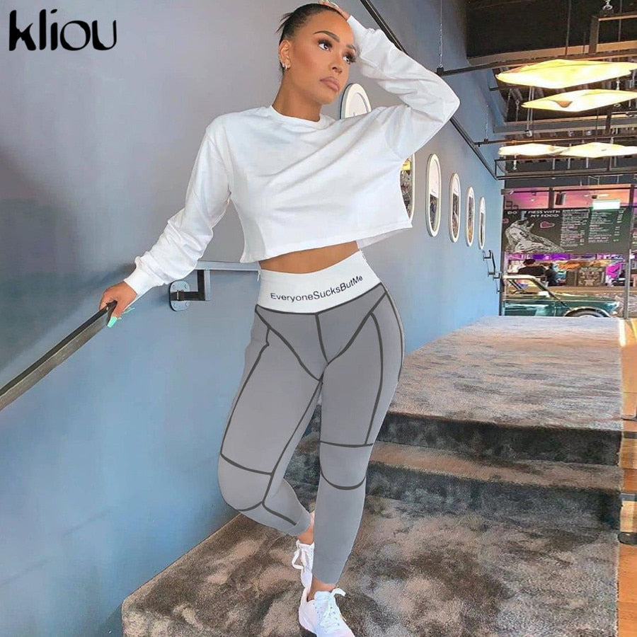 Sexy Gray Letter Print High Waist Bodycon Leggings Pants