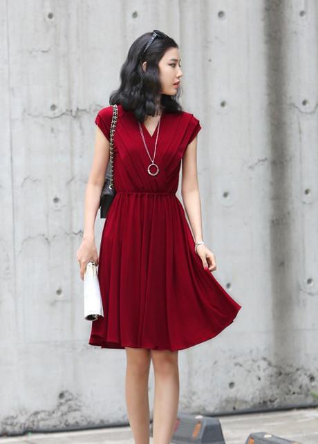 V-Neck Cap Sleeve Pleated Short Dress - Meet Yours Fashion - 7