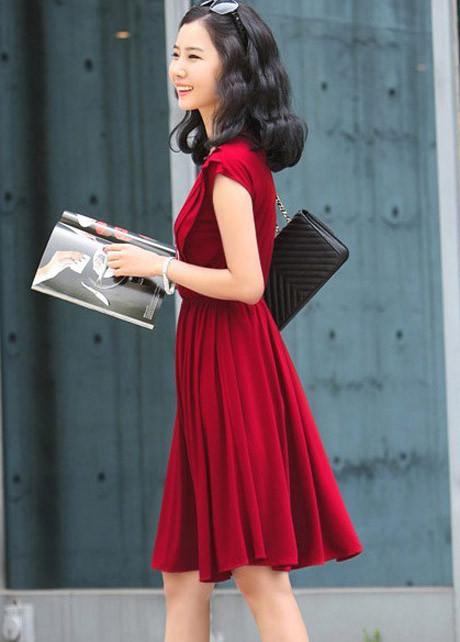 V-Neck Cap Sleeve Pleated Short Dress - Meet Yours Fashion - 8