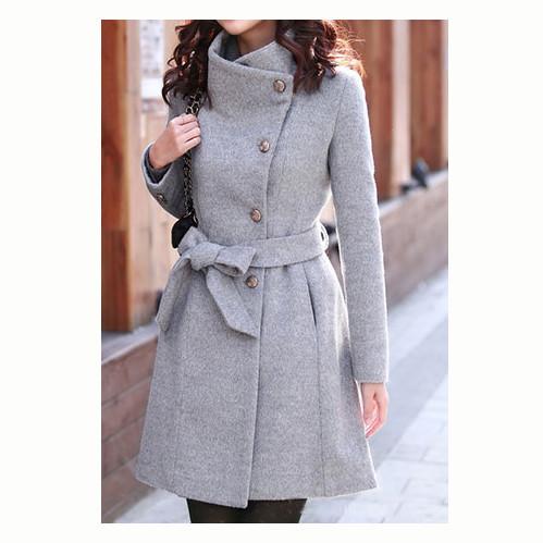 Slim Bowknot Sash Worsted Trench Coat - MeetYoursFashion - 1