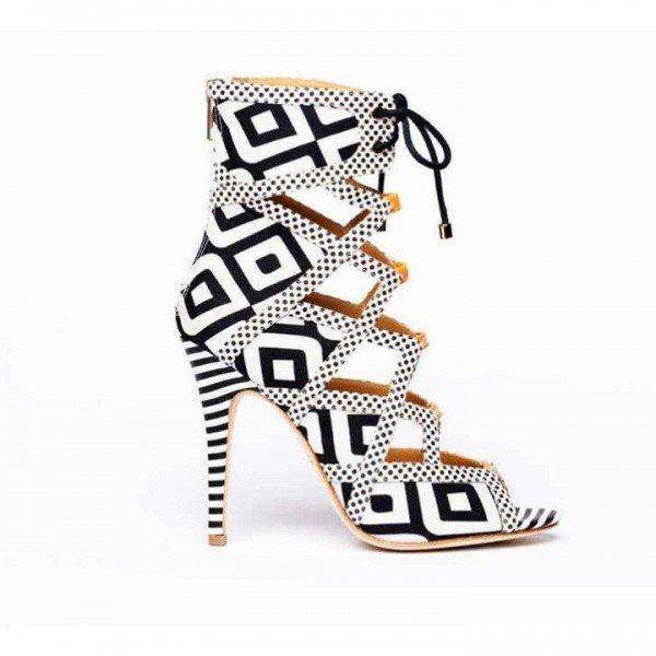 Plaid Hollow Out Ankle Wrap Stiletto High Heel Sandals